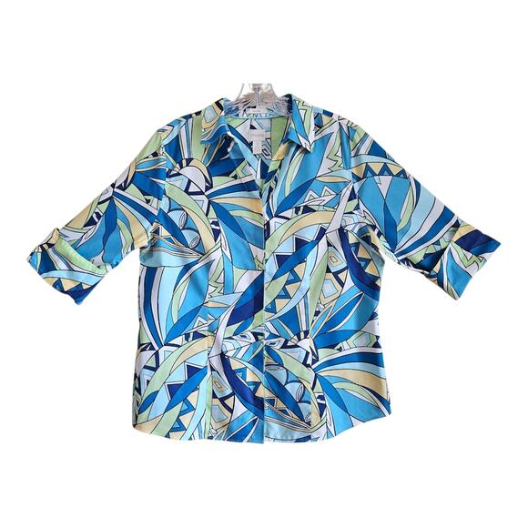 CHICO'S 2 Women's 12 Blouse Geometric 70s Pattern Blue Yellow 3/4 Sleeve 42" - Picture 1 of 8